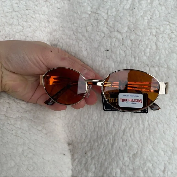 True Religion Gold Sunglasses with Orange Lenses NWT - Picture 3 of 8